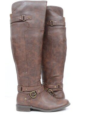 Guess Women's 8M Brown Motorcycle Riding Moto Knee High Boot Vegan Leather